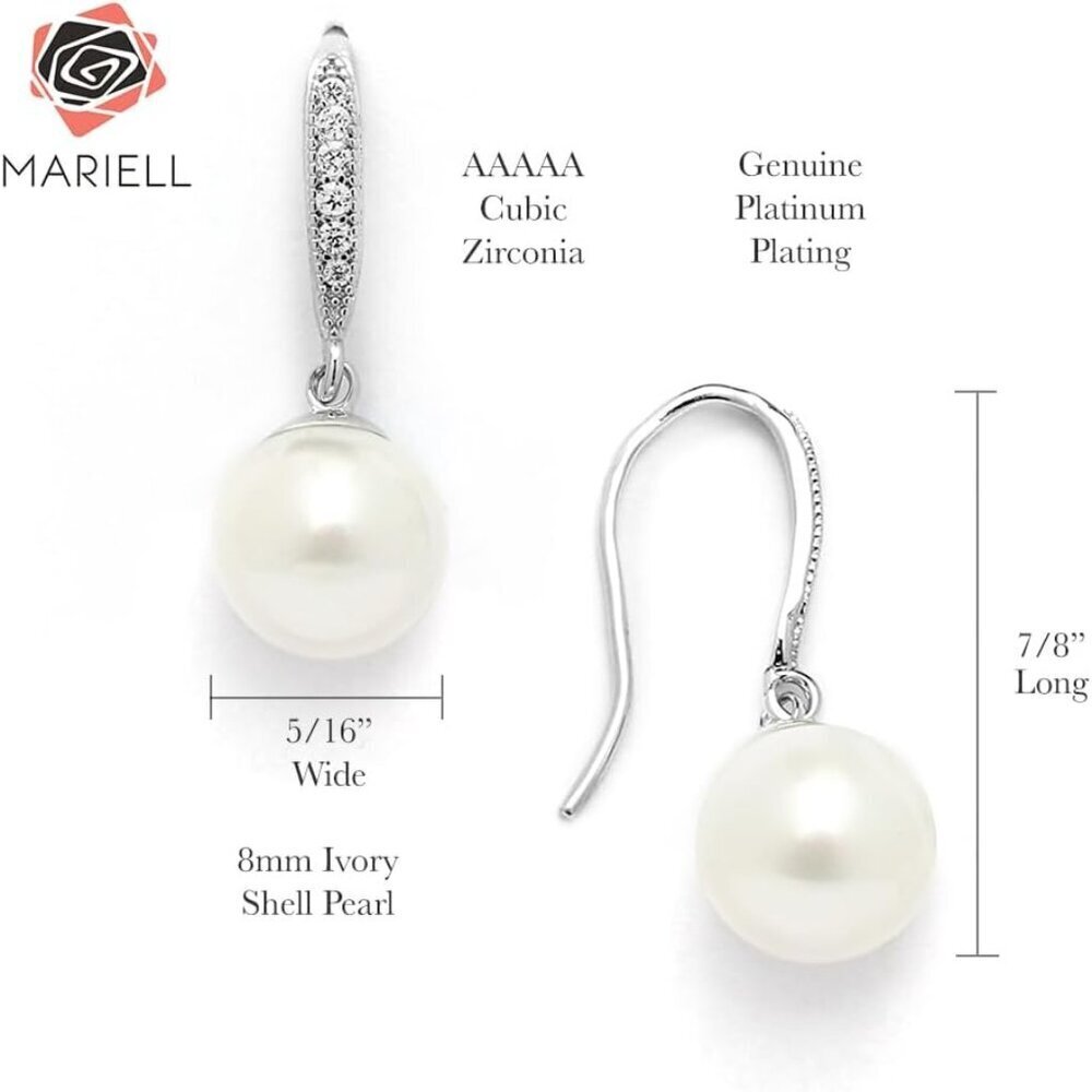 Pearl Drop Earrings CZ Crystal Women's Wedding Bridesmaids Gift Understated Eleg - Picture 6 of 7